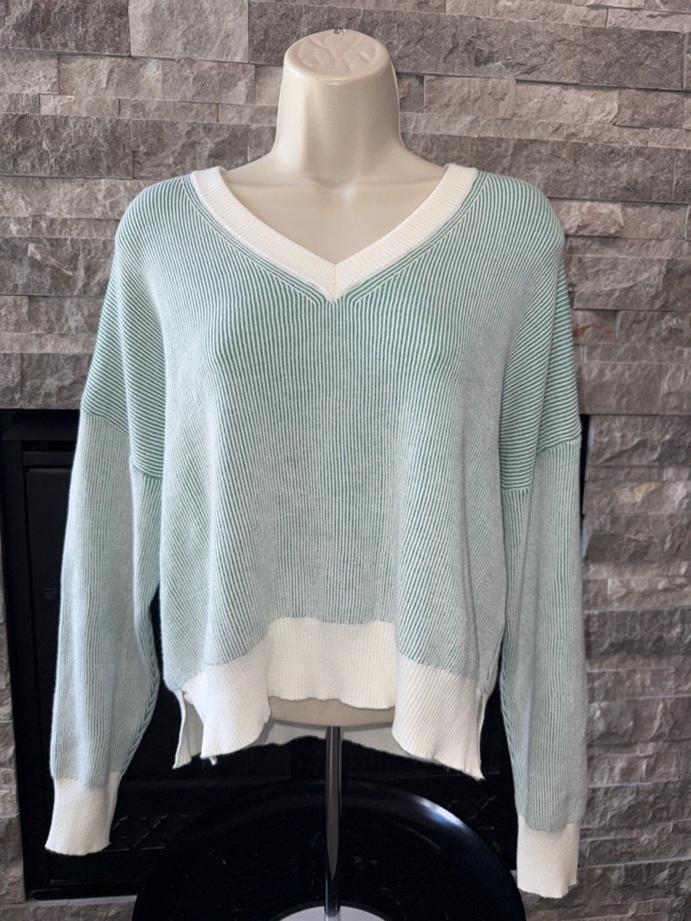 Soft Relaxed Sweater Green and Ivory Striped with Ivory Trim